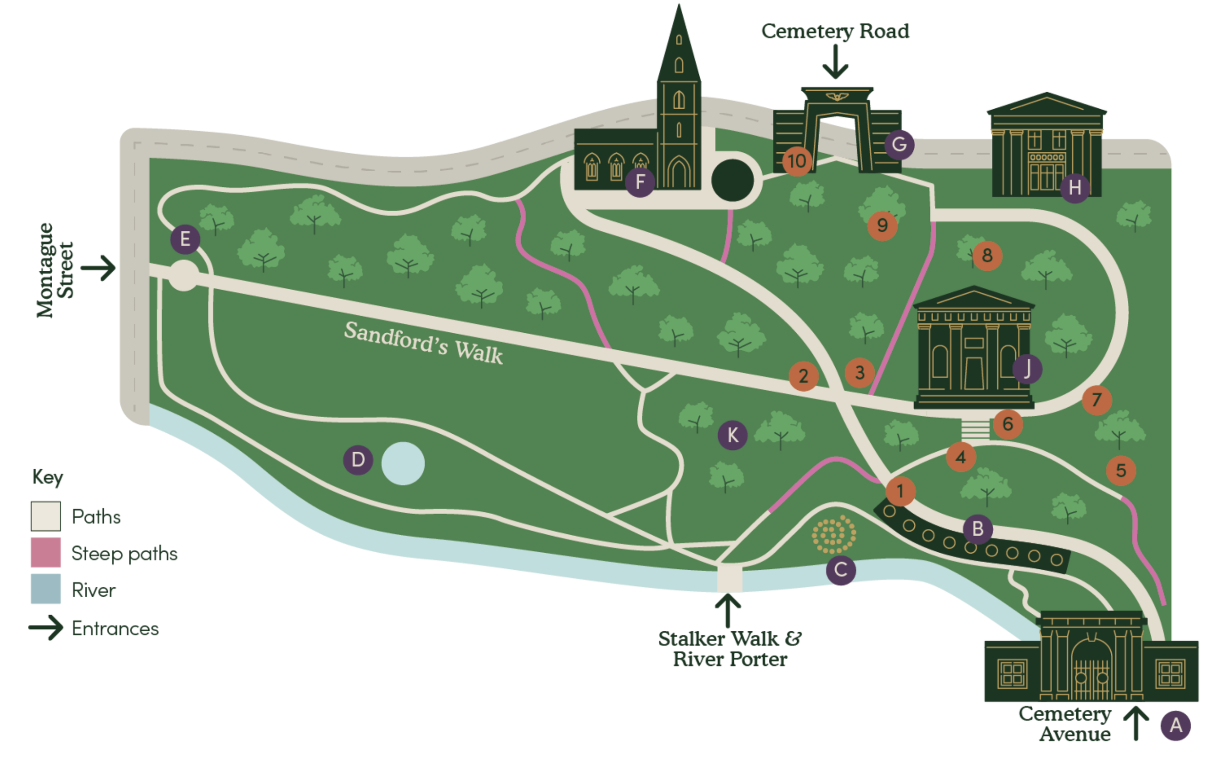 Map plotting points of interest around the cemetery